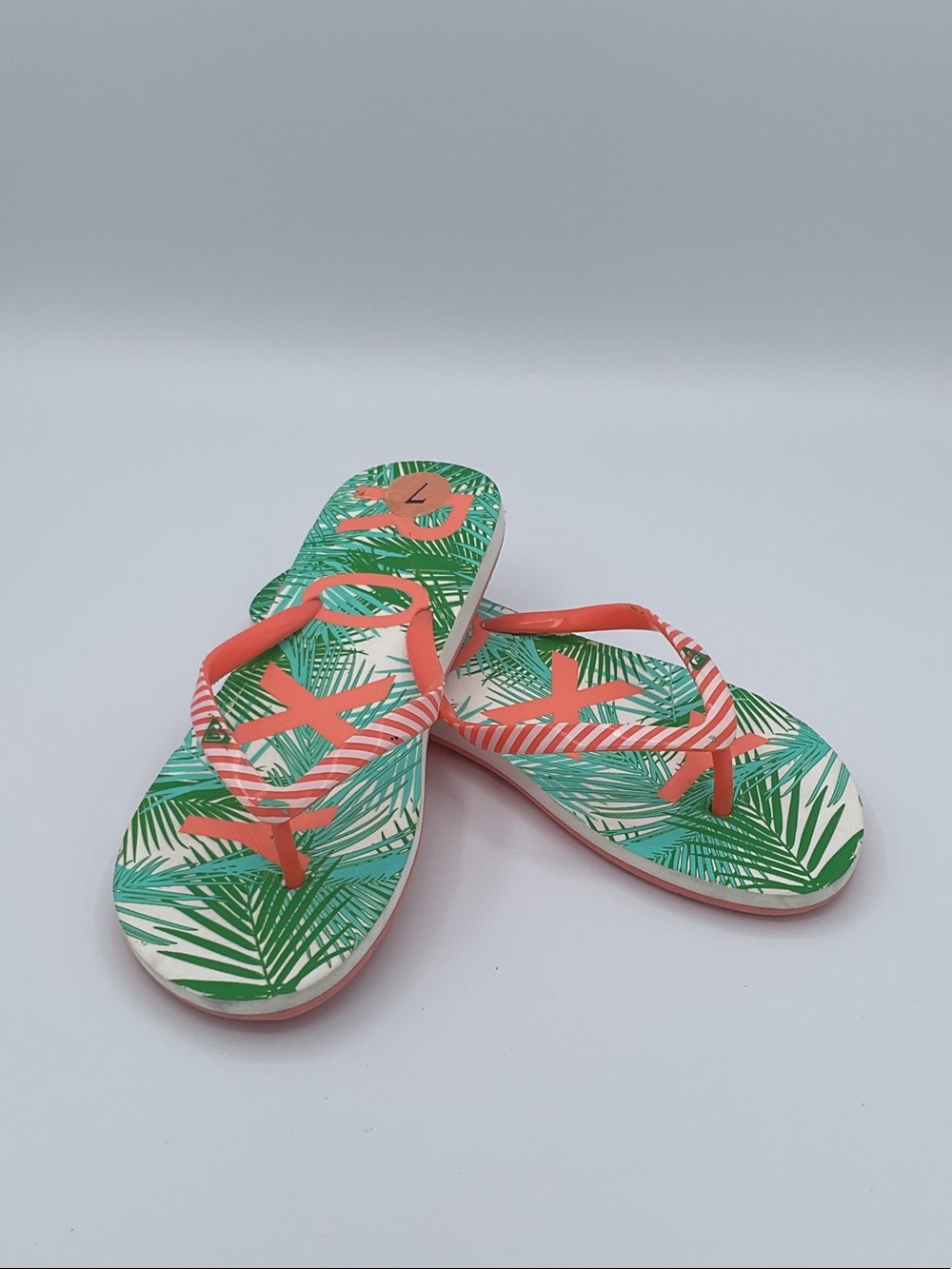 Roxy Coral Strap Flip Flops with Green Tropical Leaf Print
